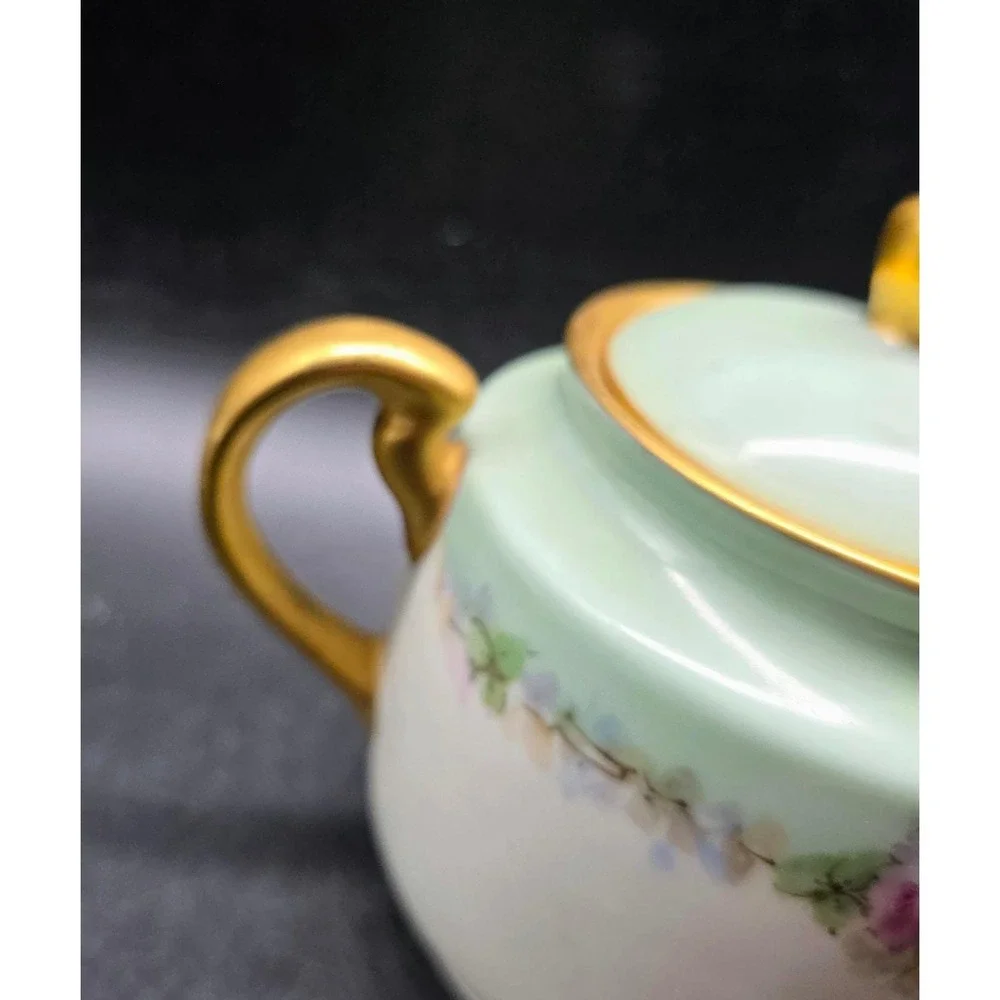 Vintage Porcelain Sugar Bowl Hand Painted Floral Roses Gold Trim Green Signed